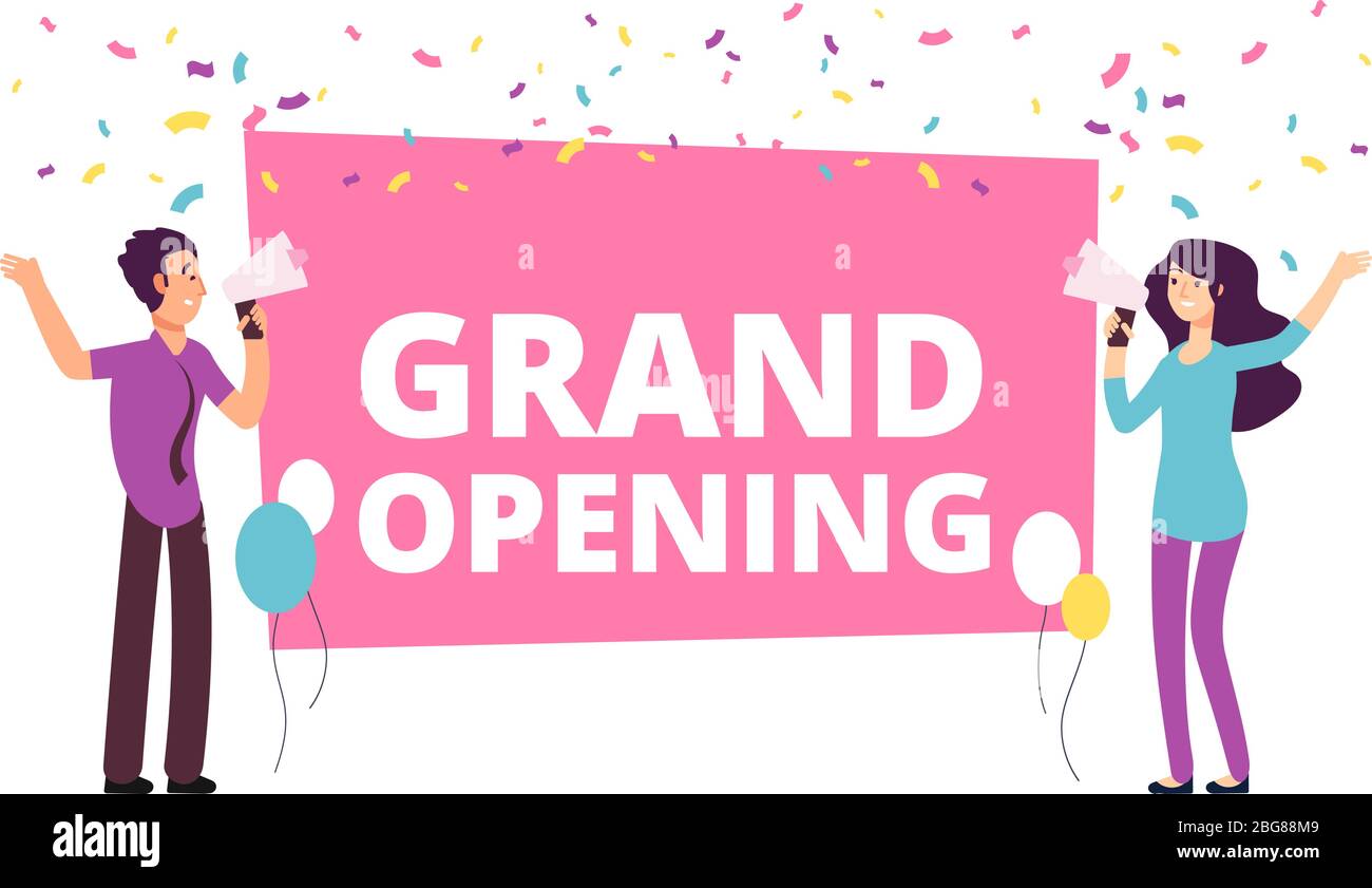 Announcement concept. Woman and man with loudspeaker at grand opening