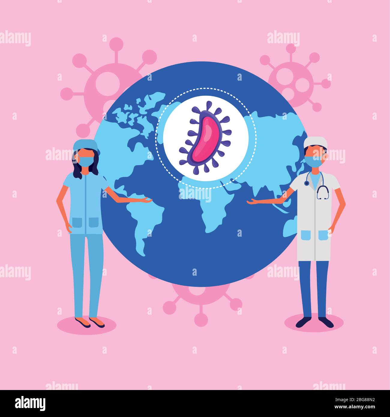 doctors couple using face masks with covid19 particles and earth planet ...