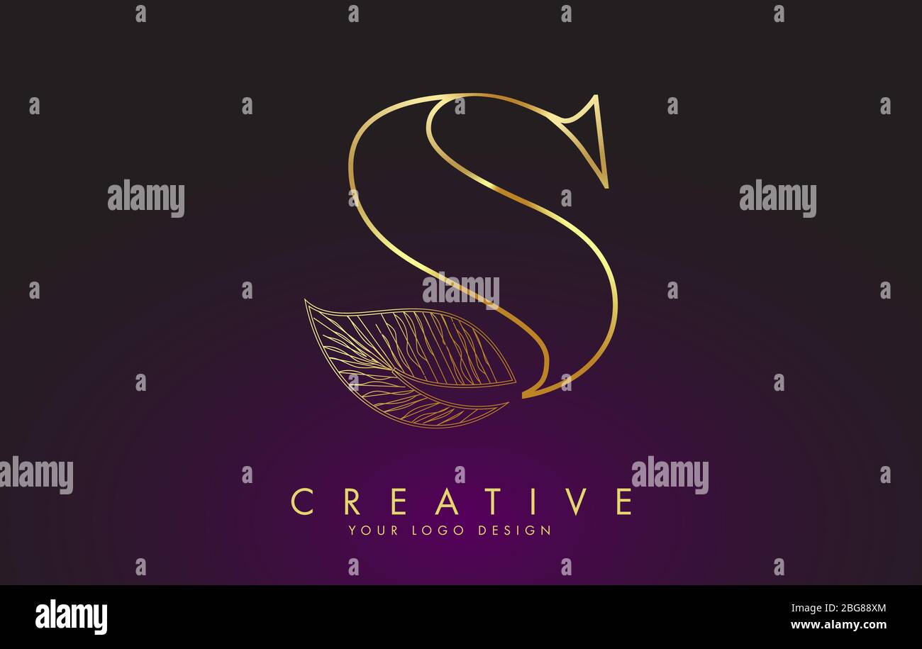 Outline Golden Letter S Logo icon with Wired Leaf Concept Design ...