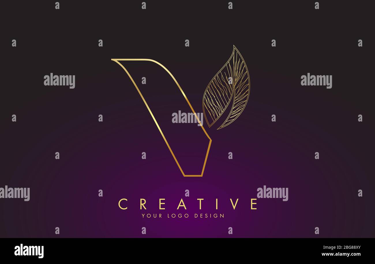 Outline Golden Letter V Logo icon with Wired Leaf Concept Design ...