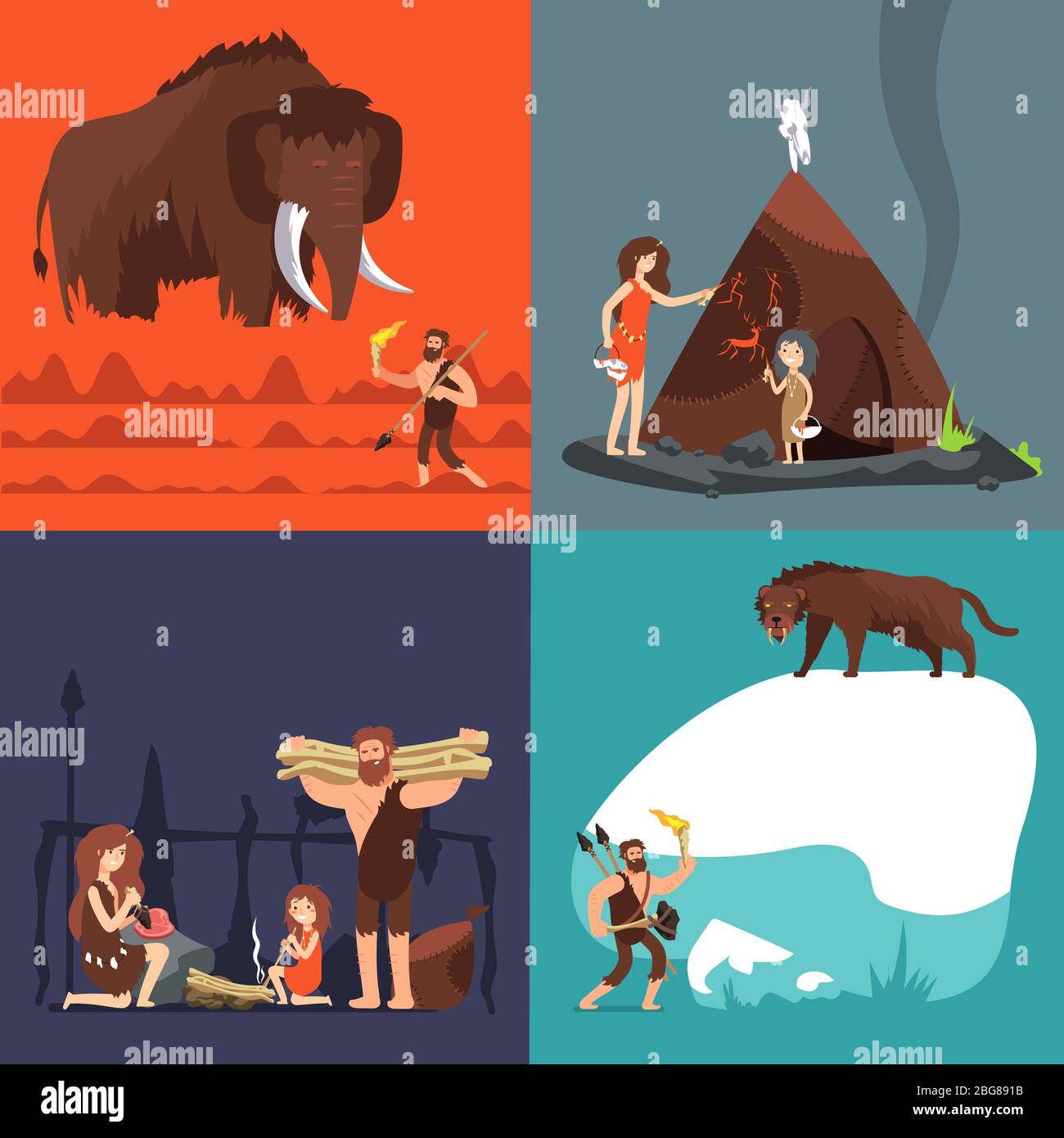 Stone age concepts. Prehistoric ancient human and tools. Primitive man in cave vector cartoon set. Illustration of prehistoric primitive caveman, ancient spear, hunting neanderthal Stock Vector