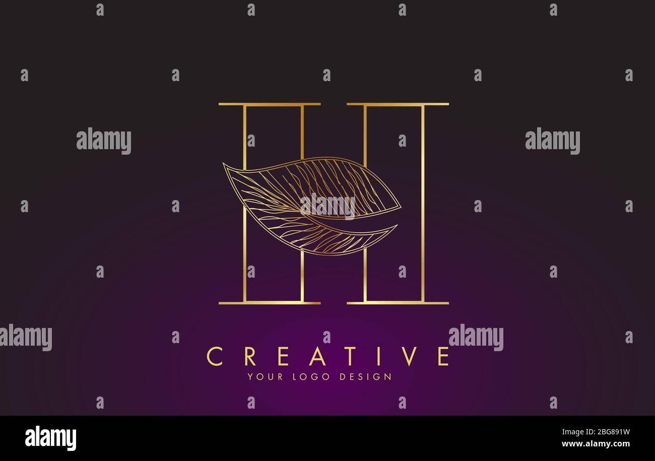 Outline Golden Letter H Logo icon with Wired Leaf Concept Design ...