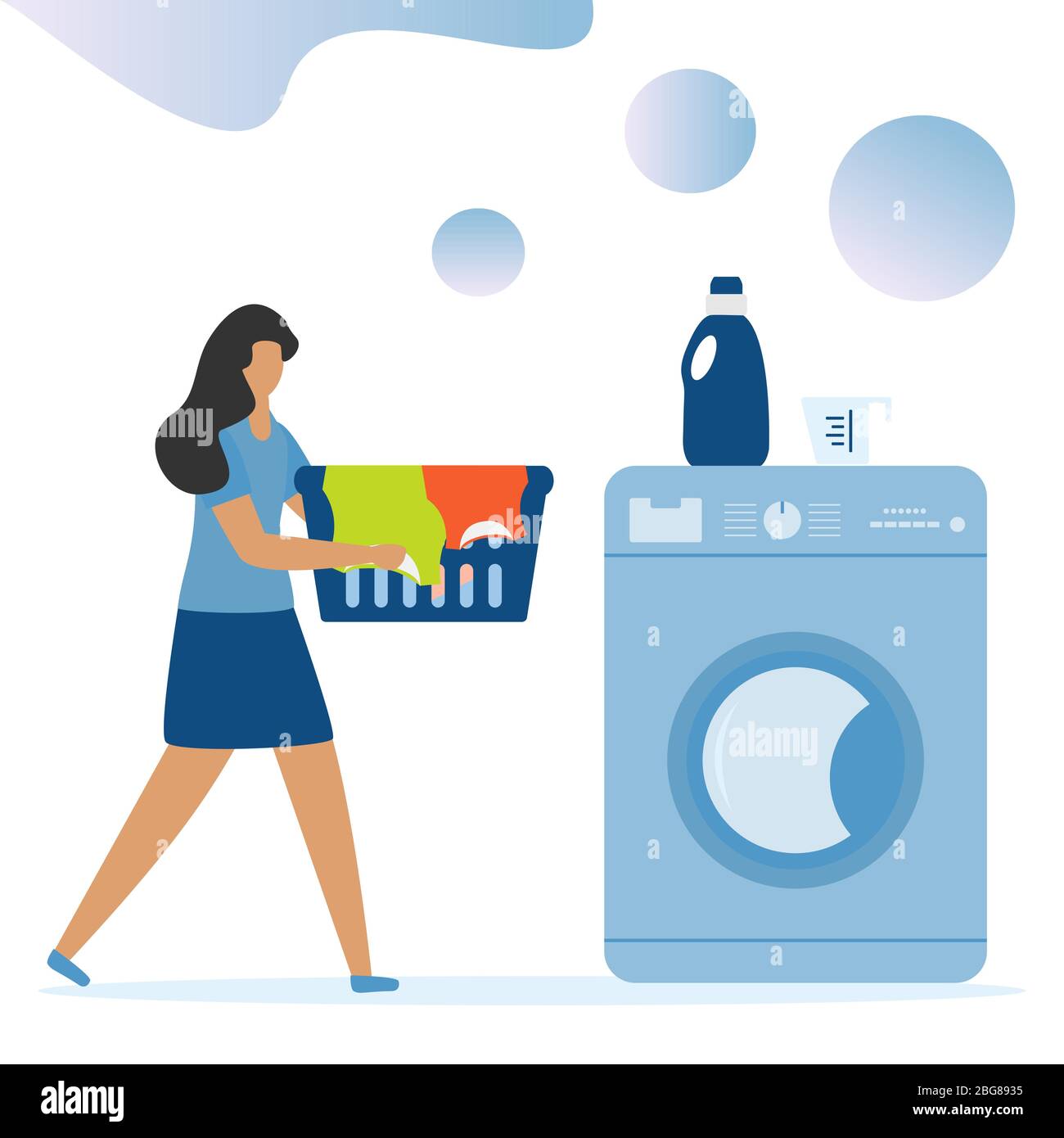 Vector illustration Woman carries wash dirty clothes Washing machine ...