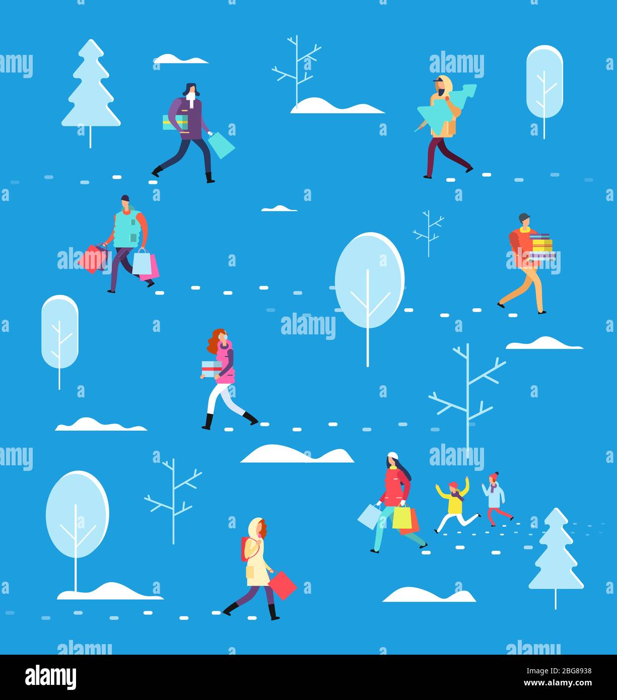 People on winter holiday. Person carrying shopping bag, gifts and christmas tree. Christmas eve vector concept. Man woman shopping to new year and xma Stock Vector
