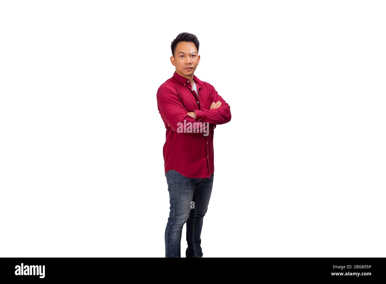 red shirt with dark blue jeans