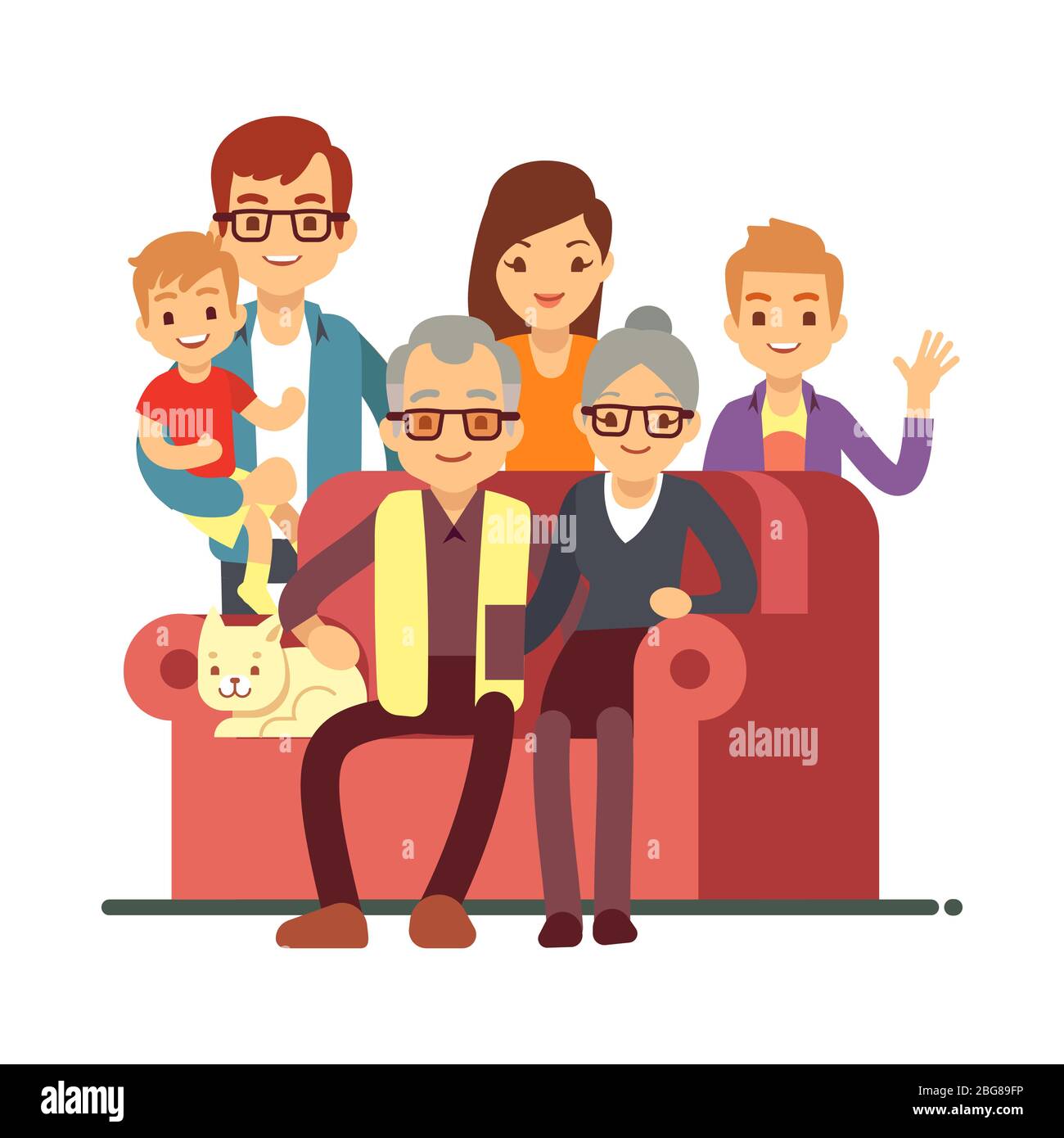 Cartoon style family isolated on white background. Grandparents Day happy old couple with grandsons. Grandmother and grandfather, grandparent and grandson. Vector illustration Stock Vector
