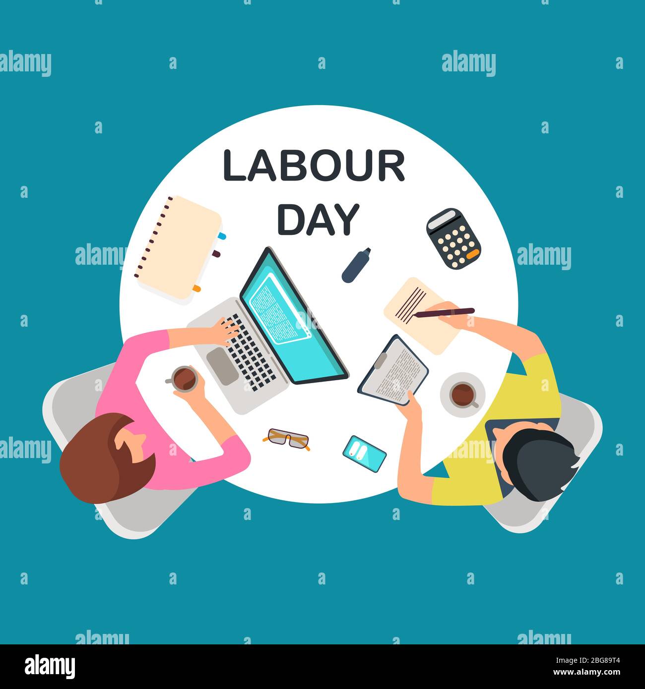 Top view people couple work at table. Labour day vector banner illustration Stock Vector