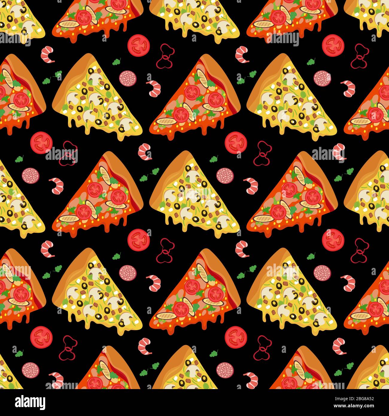 Cartoon pizza slices and ingredients food seamless pattern background. Vector illustration Stock Vector