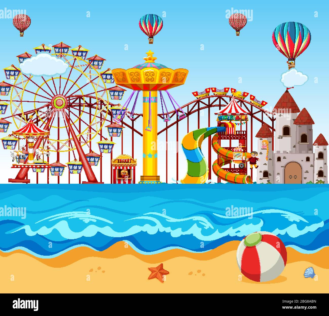 Themepark scene with many rides by the ocean illustration Stock Vector ...