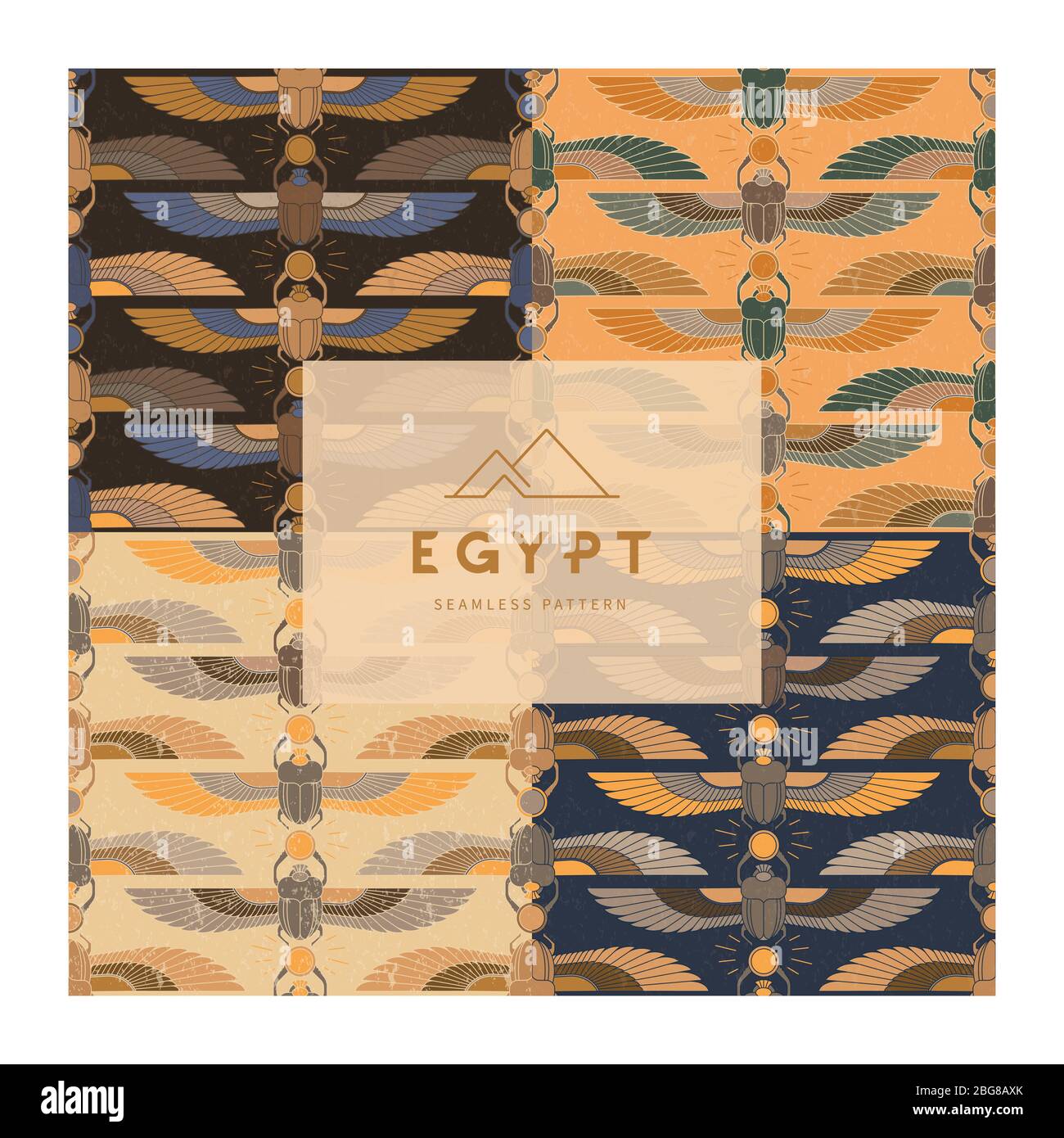 Symbols of ancient Egypt in the form of a patterns collections with an illustration of a scarab beetle with a sun symbol in its paws and wings. Stock Vector