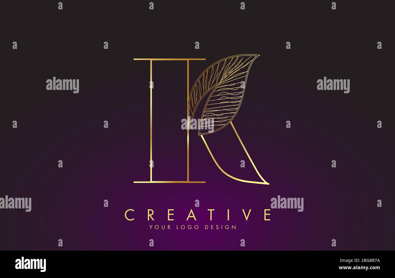 Outline Golden Letter K Logo icon with Wired Leaf Concept Design ...