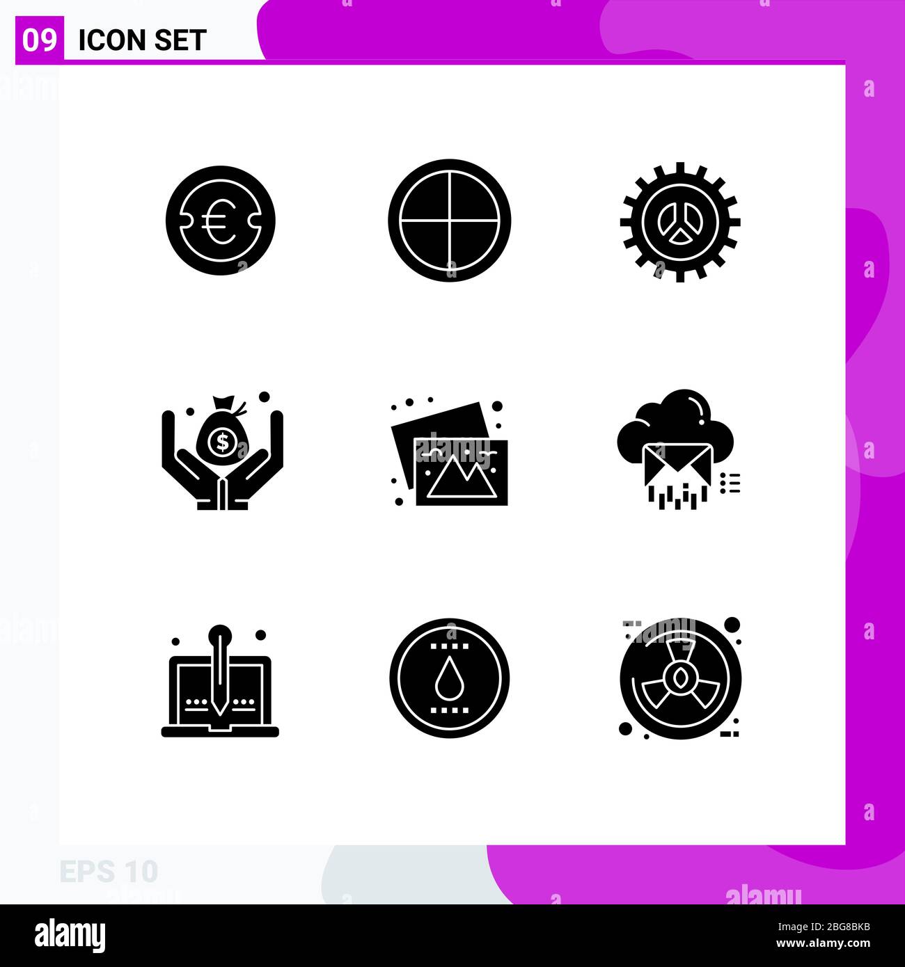 Pack of 9 creative Solid Glyphs of save, insurance, soldier, web development, settings Editable Vector Design Elements Stock Vector