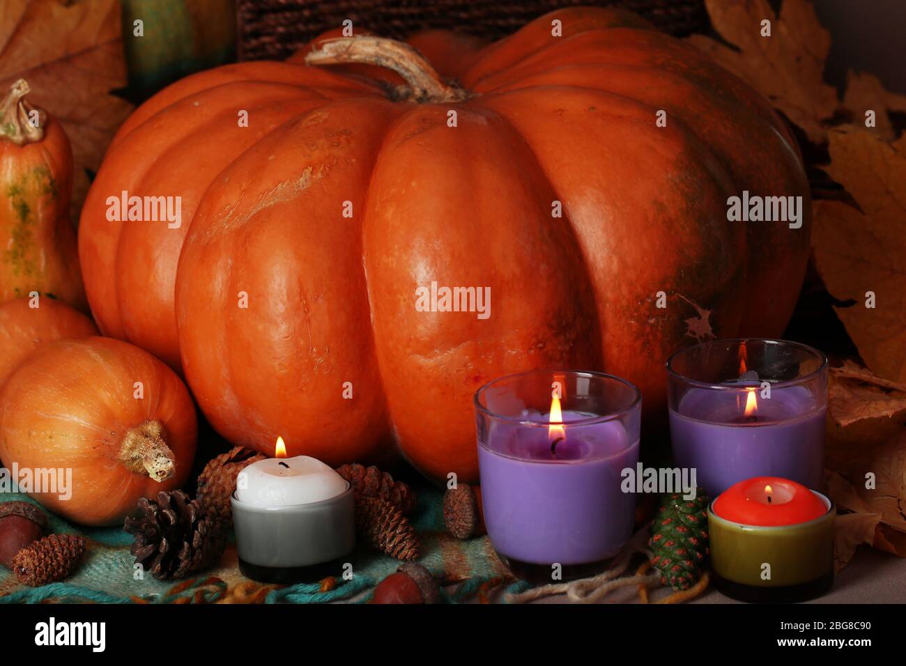 Autumn still life with pumpkins on fabric background Stock Photo - Alamy