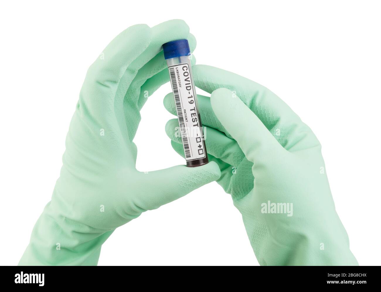 Doctor’s hands in gloves hold a test tube with a blood sample for coronavirus test. Stock Photo