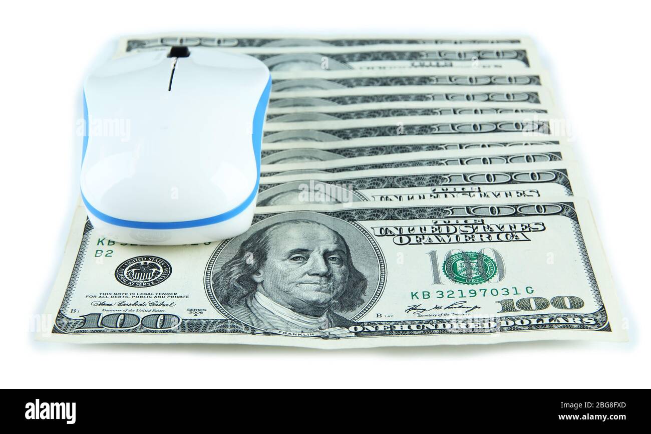 Computer mouse on dollars isolated on white Stock Photo Alamy