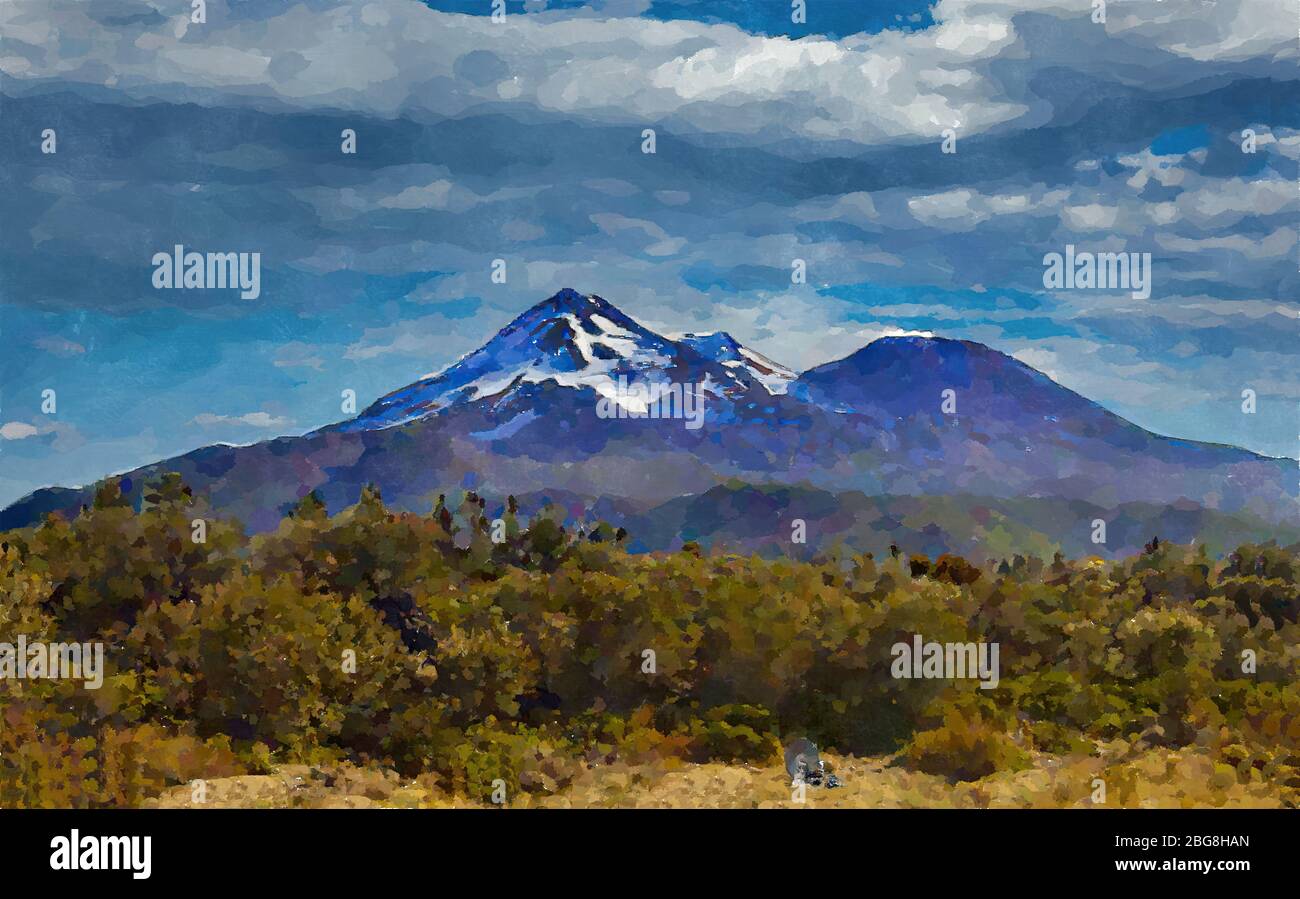 Mount Shasta Digital Watercolor Painting Stock Photo