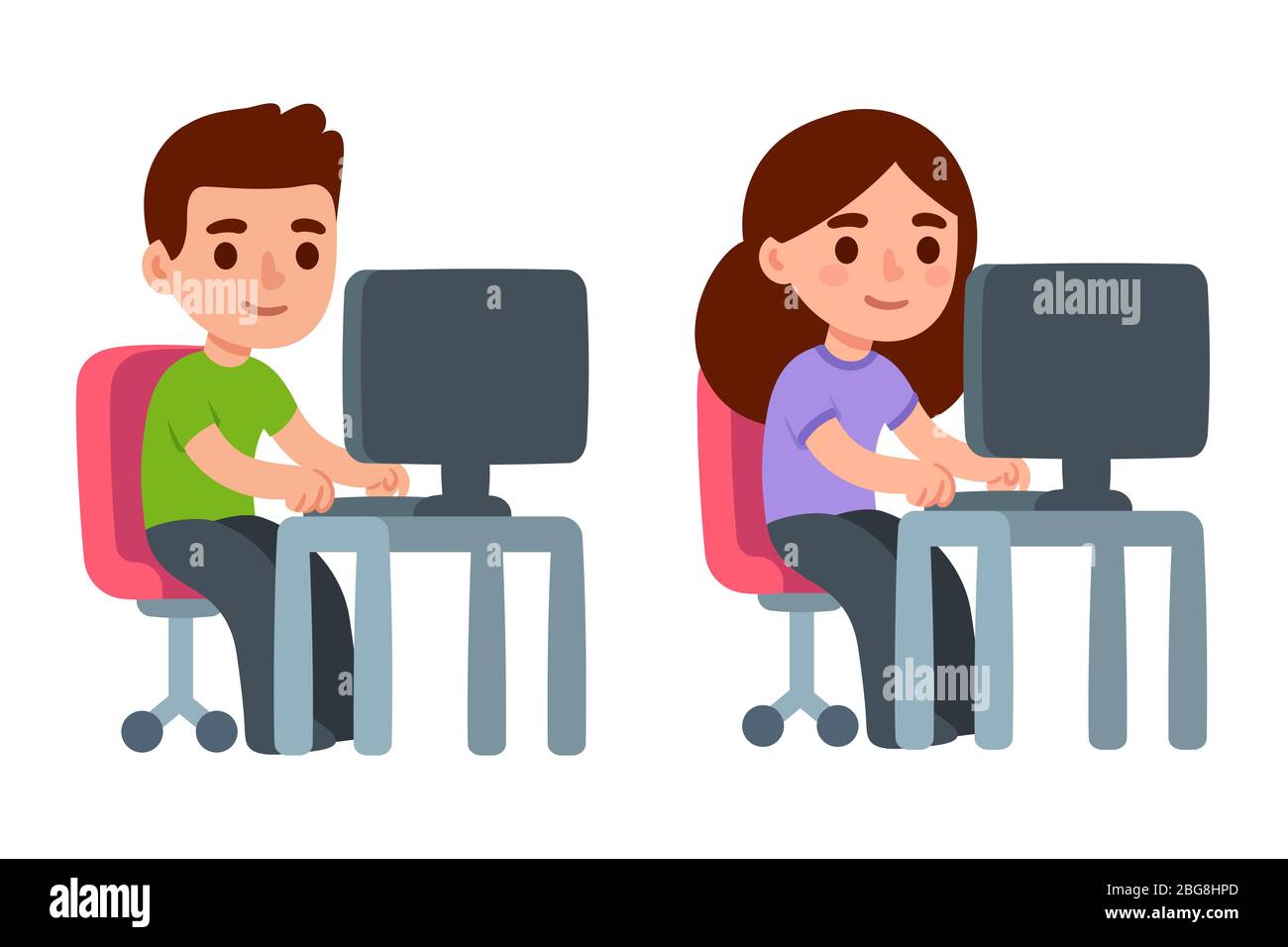 Cartoon characters working on computer at office desk. Cute guy and girl, students or employees. Simple flat style vector illustration. Stock Vector