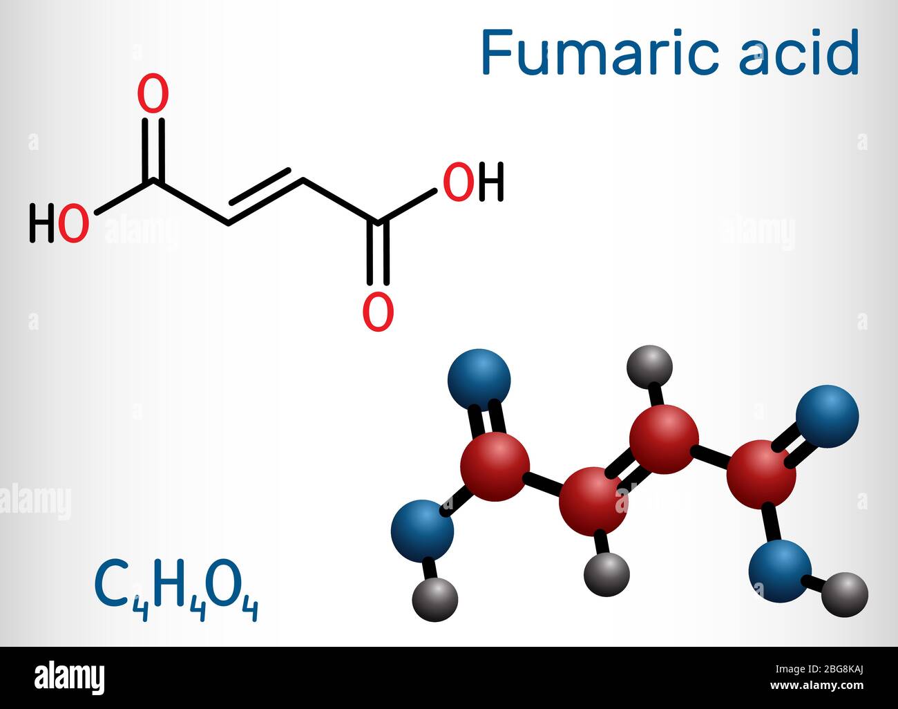 Fumaric acid, C4H4O4, molecule. It is unsaturated dicarboxylic acid