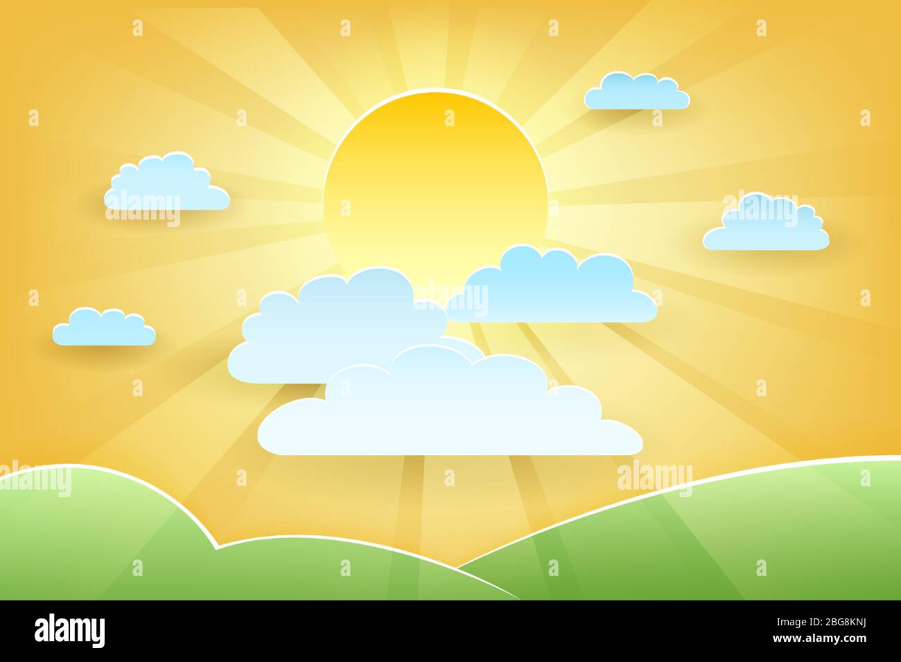 Paper Cut Sunny Landscape with clouds and meadows. Vector illustration ...
