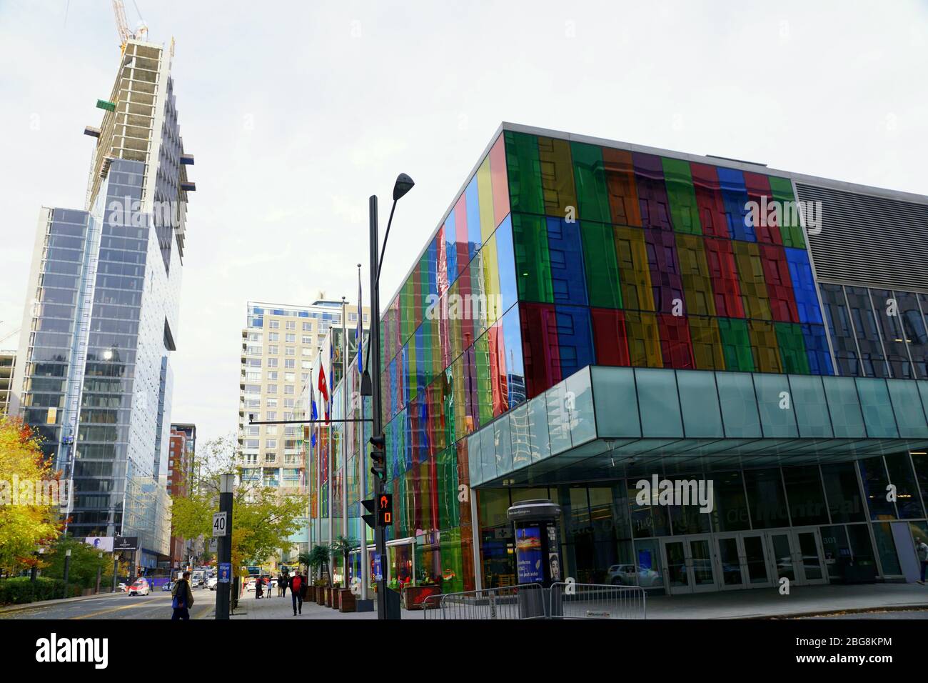 Montreal, Canada - October 27, 2019 - The view of the street near the colorful Palais des Congrès building Stock Photo