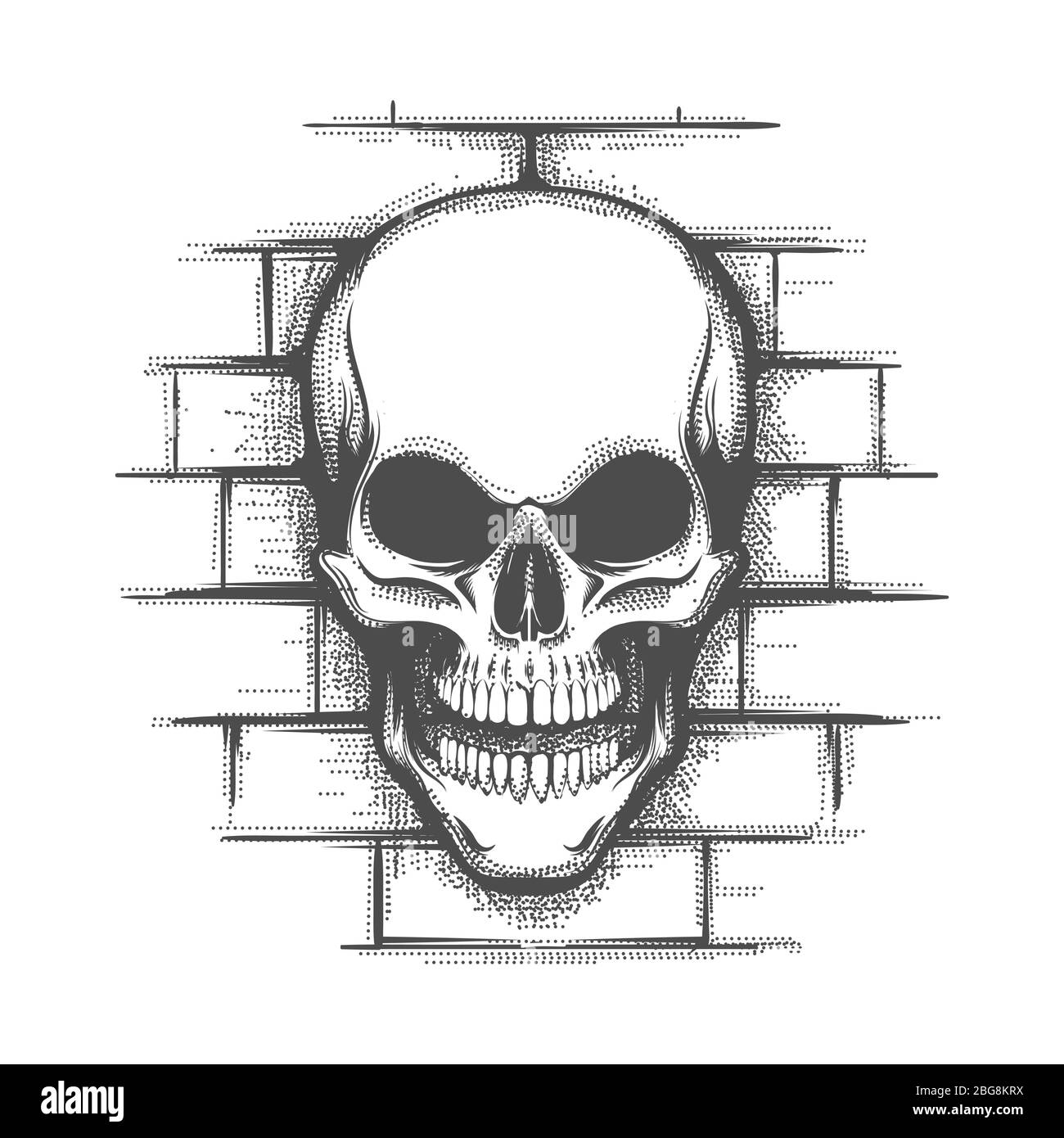 Hand drawn Smiling Skull on a brick wall background. Vector illustration. Stock Vector
