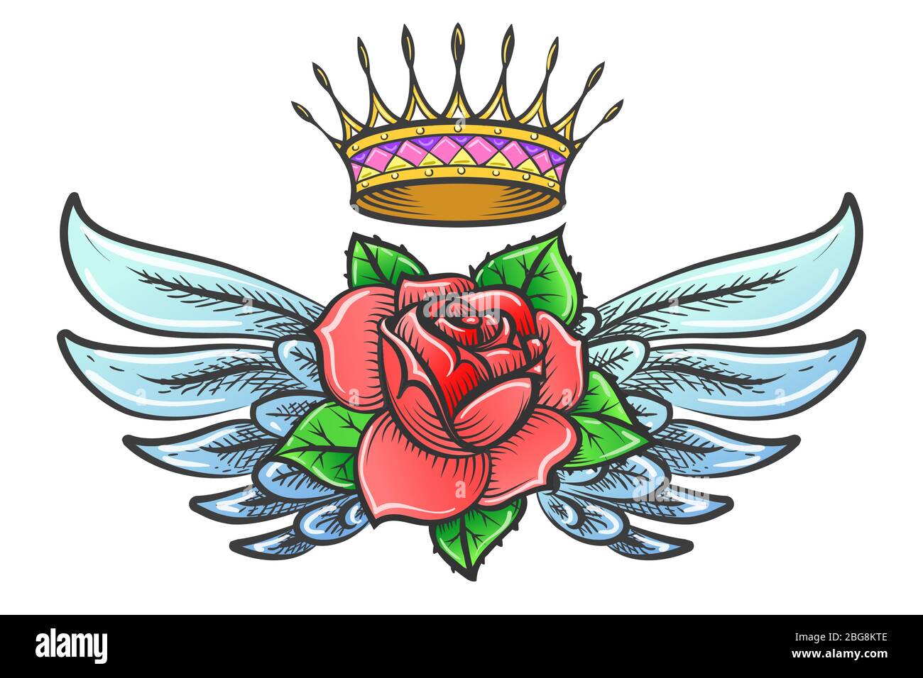 Winged Rose and Golden Crown colorful Tattoo. Vector illustration. Stock Vector