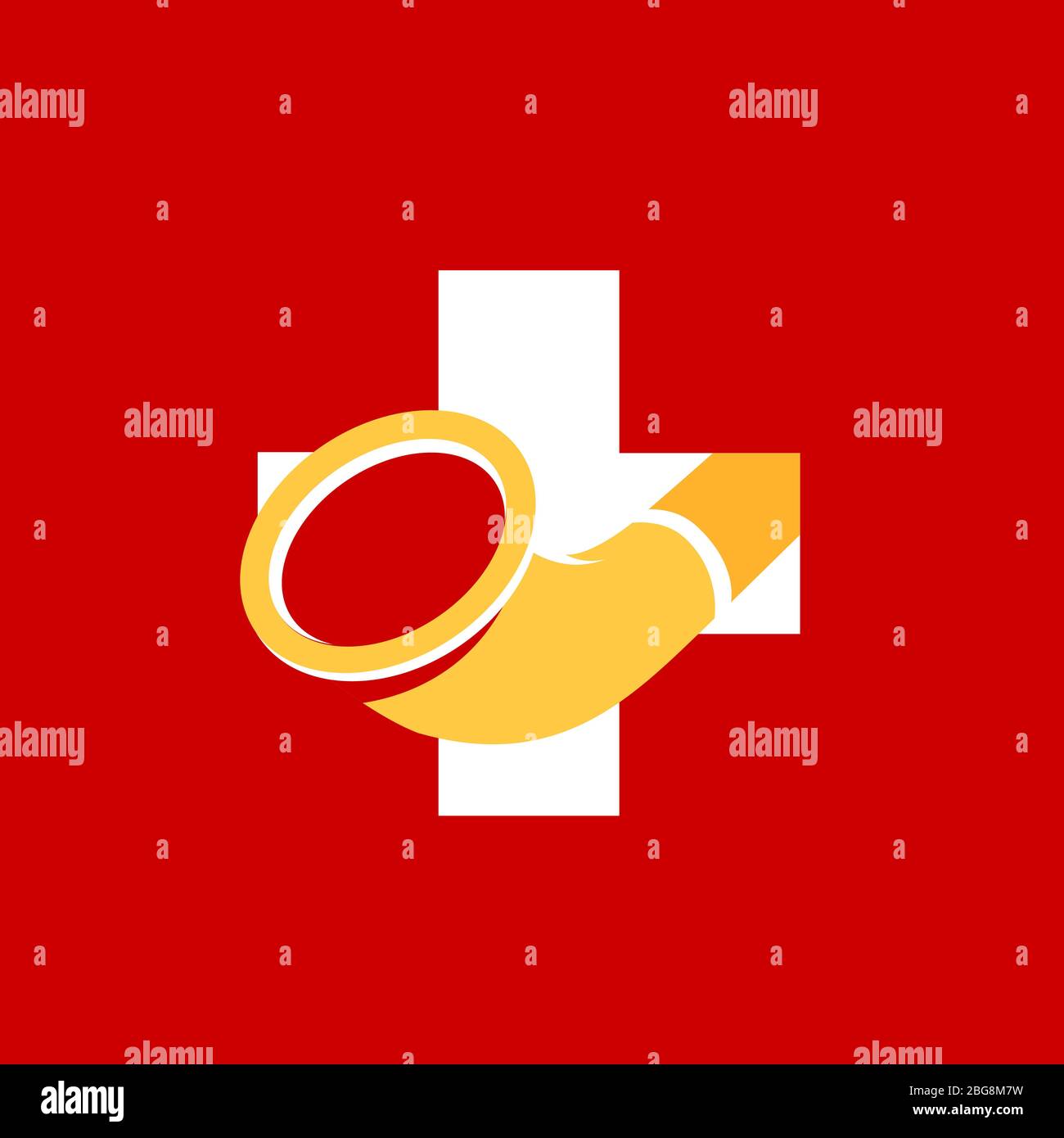Swiss Flag with Alphorn, Vector national Symbol of Switzerland with traditional Alpine music instrument. Red Banner for Music festival or Shop. Stock Vector