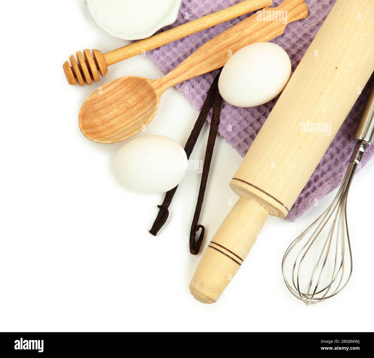 Cooking concept. Basic baking ingredients and kitchen tools isolated on ...