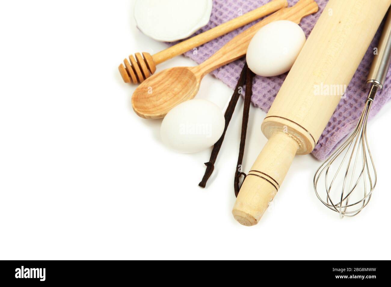 Cooking concept. Basic baking ingredients and kitchen tools isolated on ...