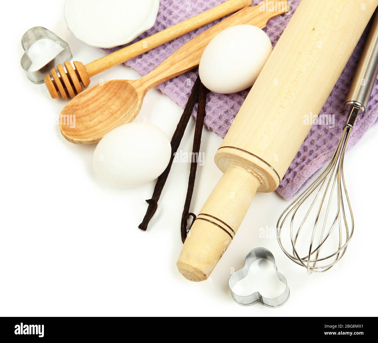 Cooking concept. Basic baking ingredients and kitchen tools isolated on ...
