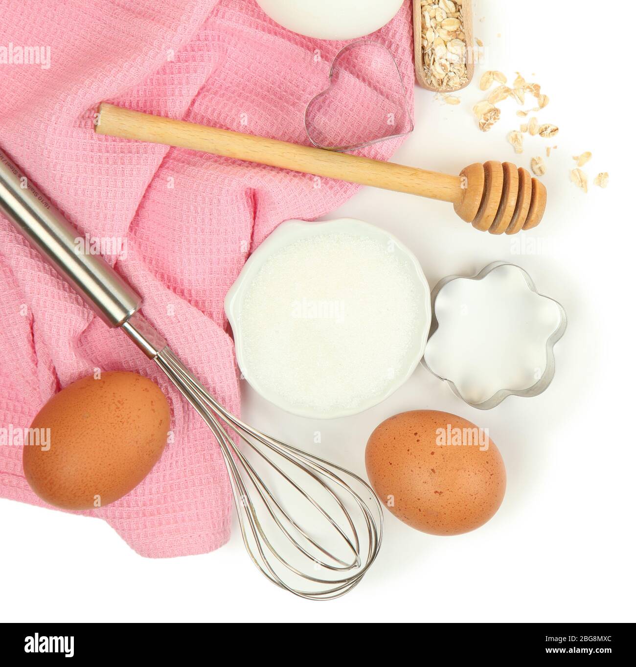 Cooking concept. Basic baking ingredients and kitchen tools isolated on ...