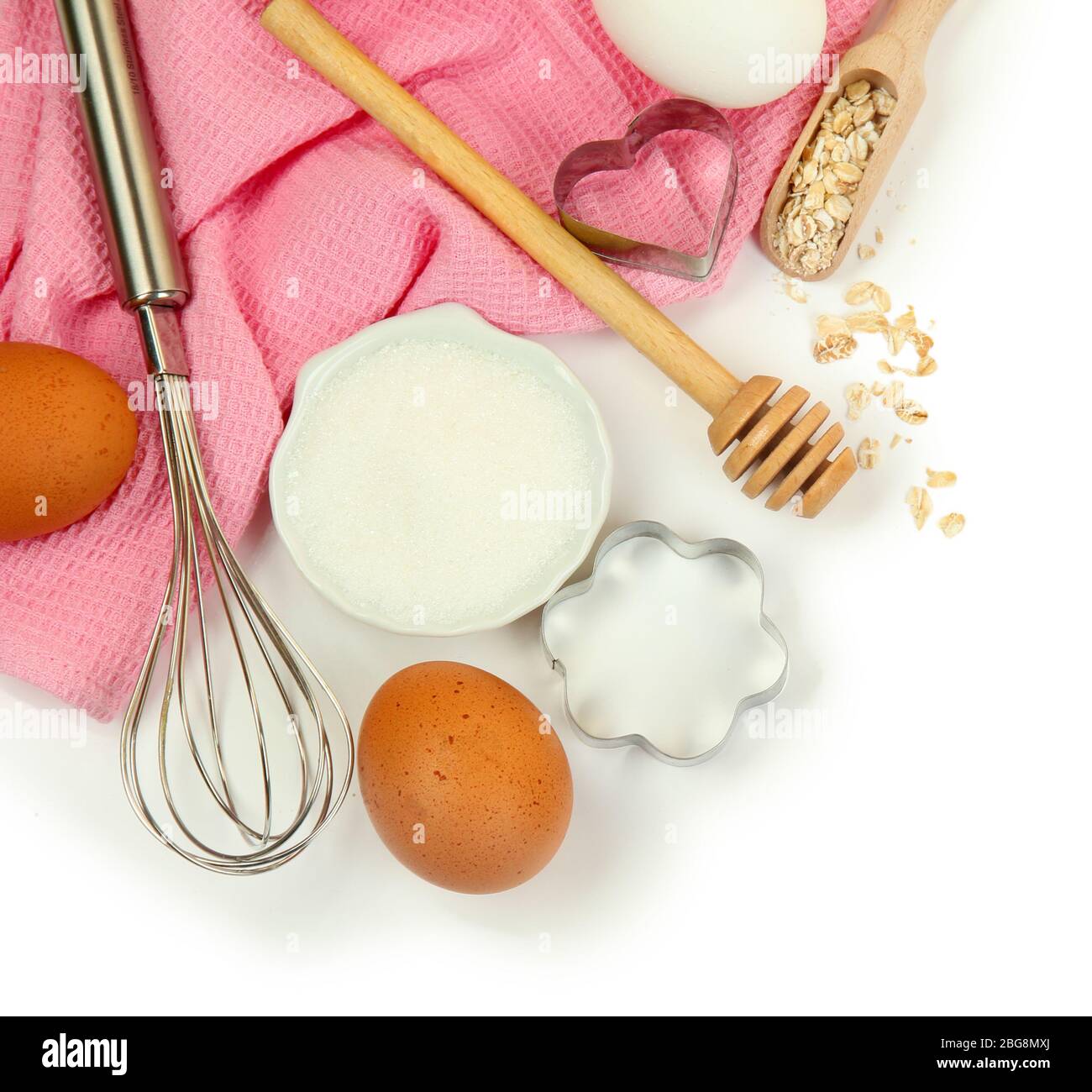 Cooking concept. Basic baking ingredients and kitchen tools isolated on ...