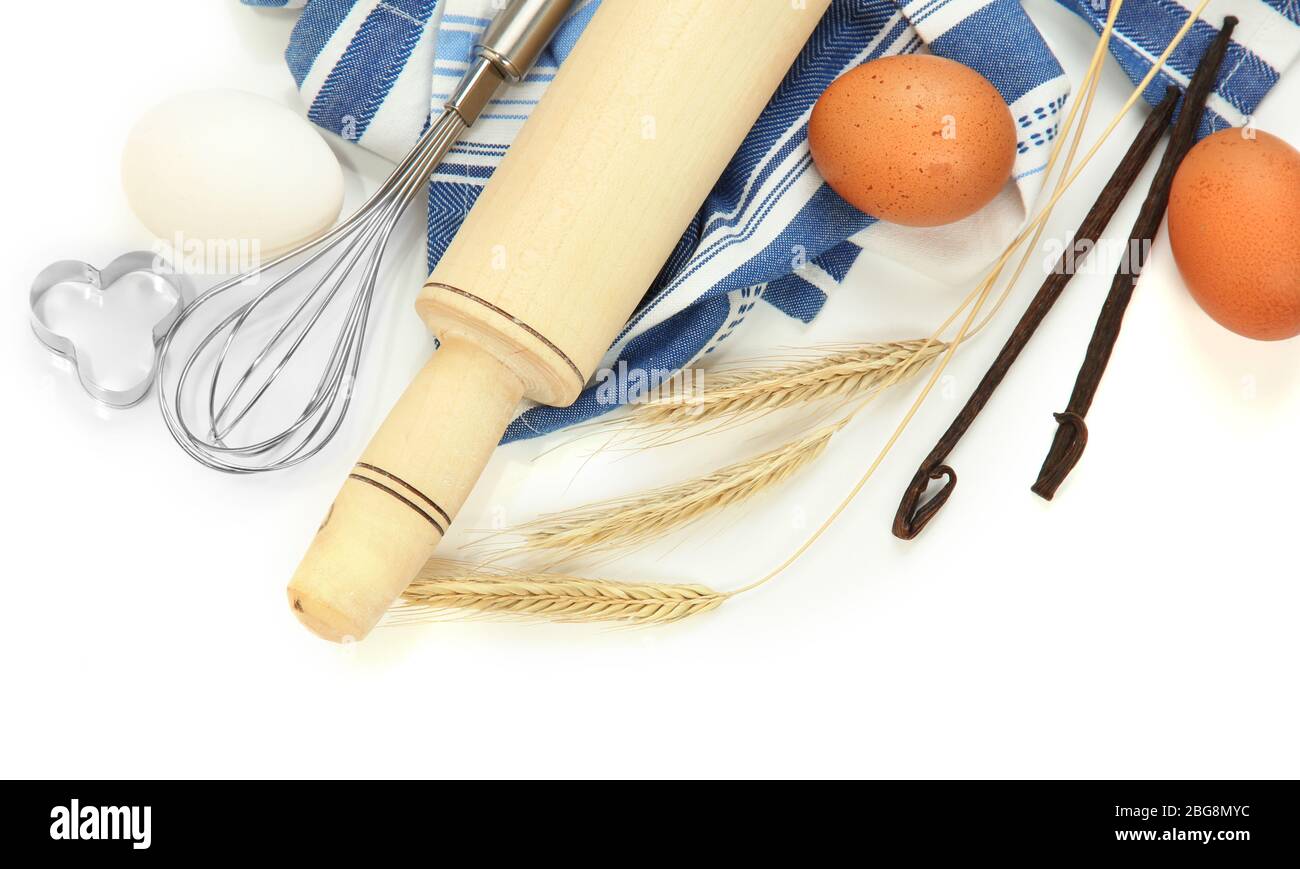 Cooking concept. Basic baking ingredients and kitchen tools isolated on ...
