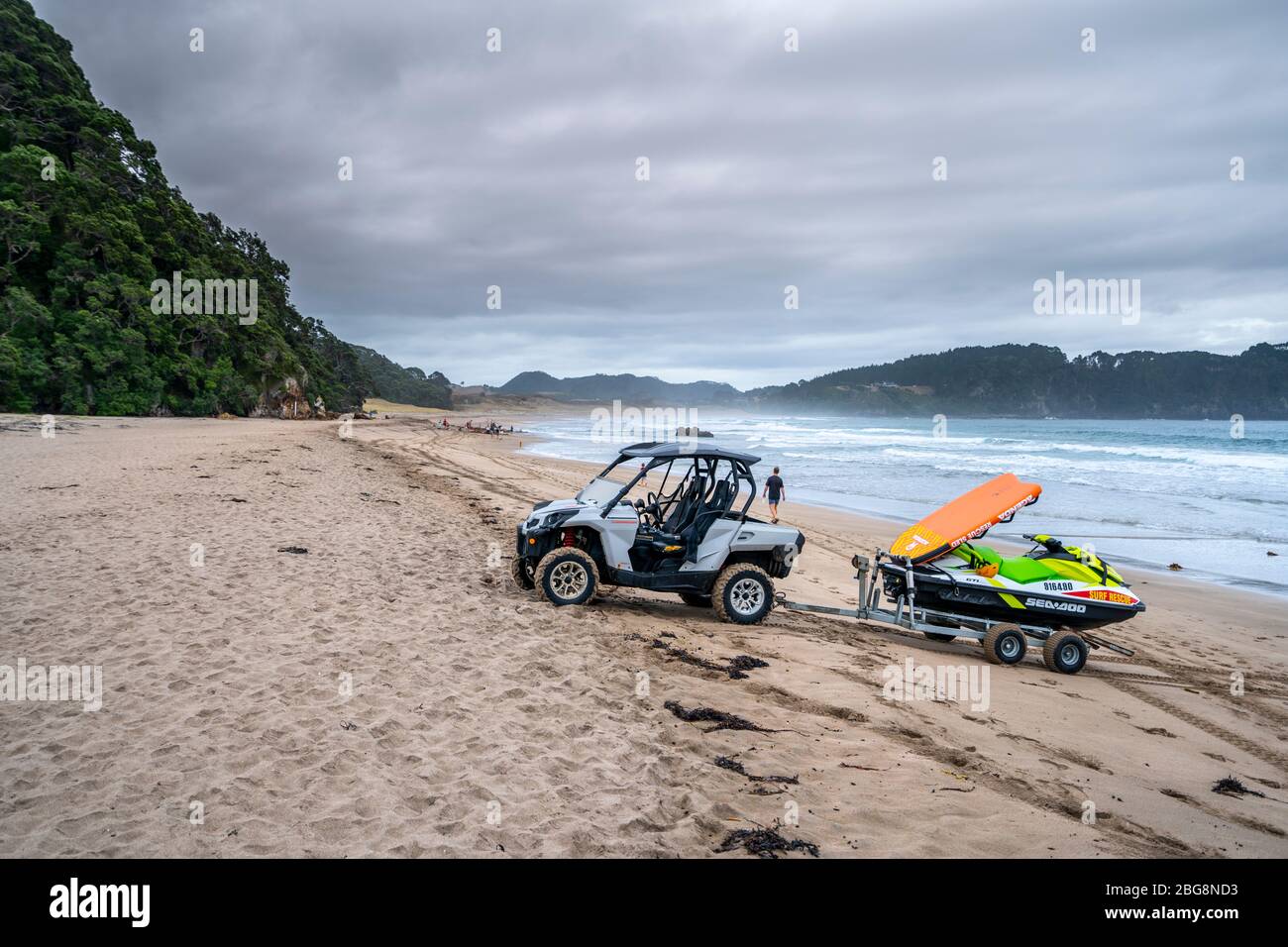 Surf Life Saving ATV and jetski on Hot Water Beach, Hahei, Coromandel Peninsula, North Island, New Zealand Stock Photo