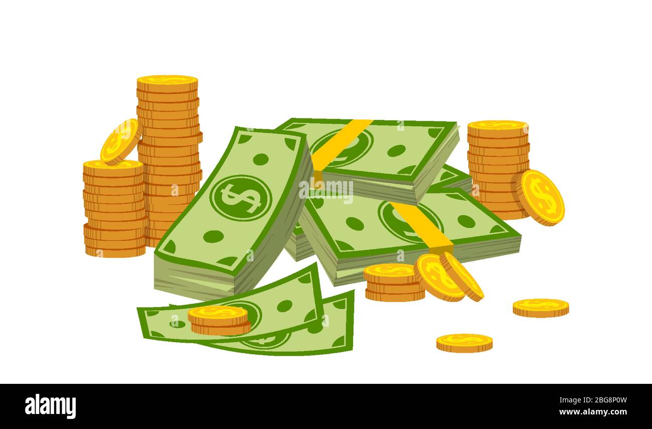 Money composition pile coin stack flat cartoon. Gold coins heap, bank  currency sign falling. Hundreds dollars cash bundle, green bill. Packed  banknotes, various bills fly. Vector illustration Stock Vector Image & Art -