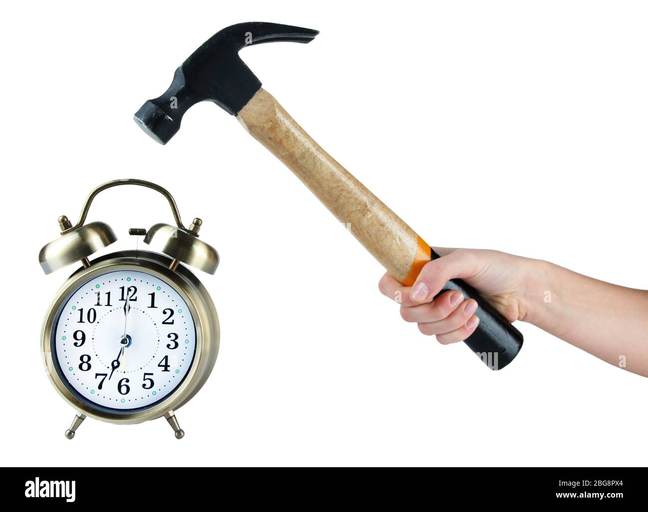 Hammer in hand and alarm clock isolated on white Stock Photo Alamy