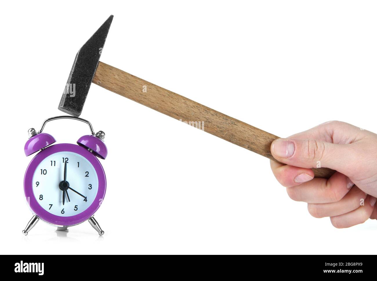 Hammer in hand and alarm clock isolated on white Stock Photo Alamy