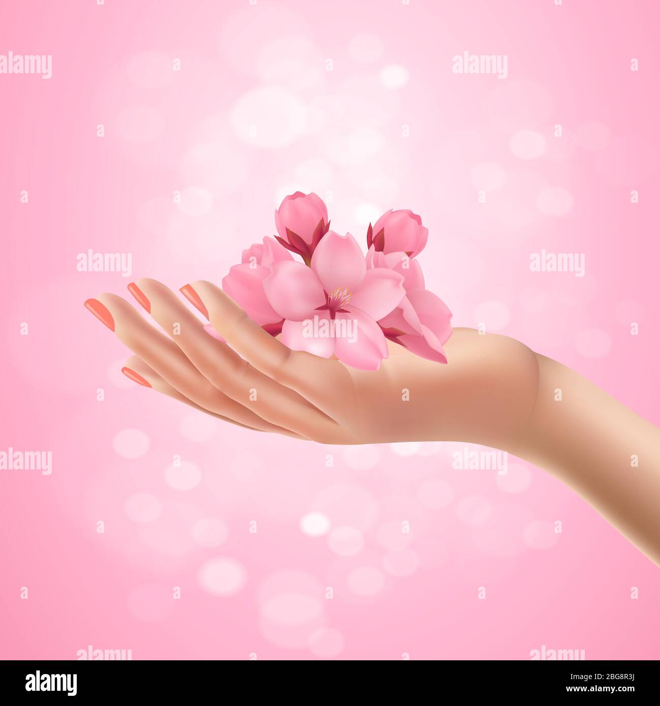 Realistic female hand holding sakura flower. 3d rendering. Blurred abstract background in soft pastel colors. Spring cherry blooming flowers. Design for natural cosmetics, perfume, women products. Stock Vector