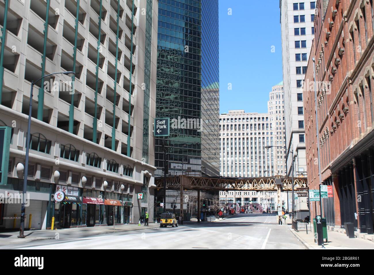 Nearly vacant Franklin Street in Chicago during the coronavirus shelter-in-place order Stock Photo