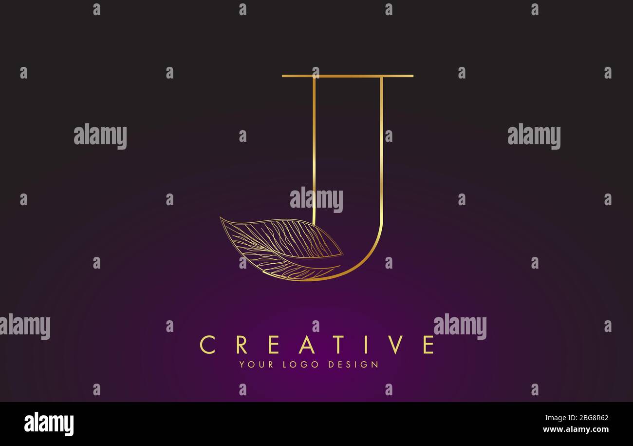 Outline Golden Letter J Logo icon with Wired Leaf Concept Design ...