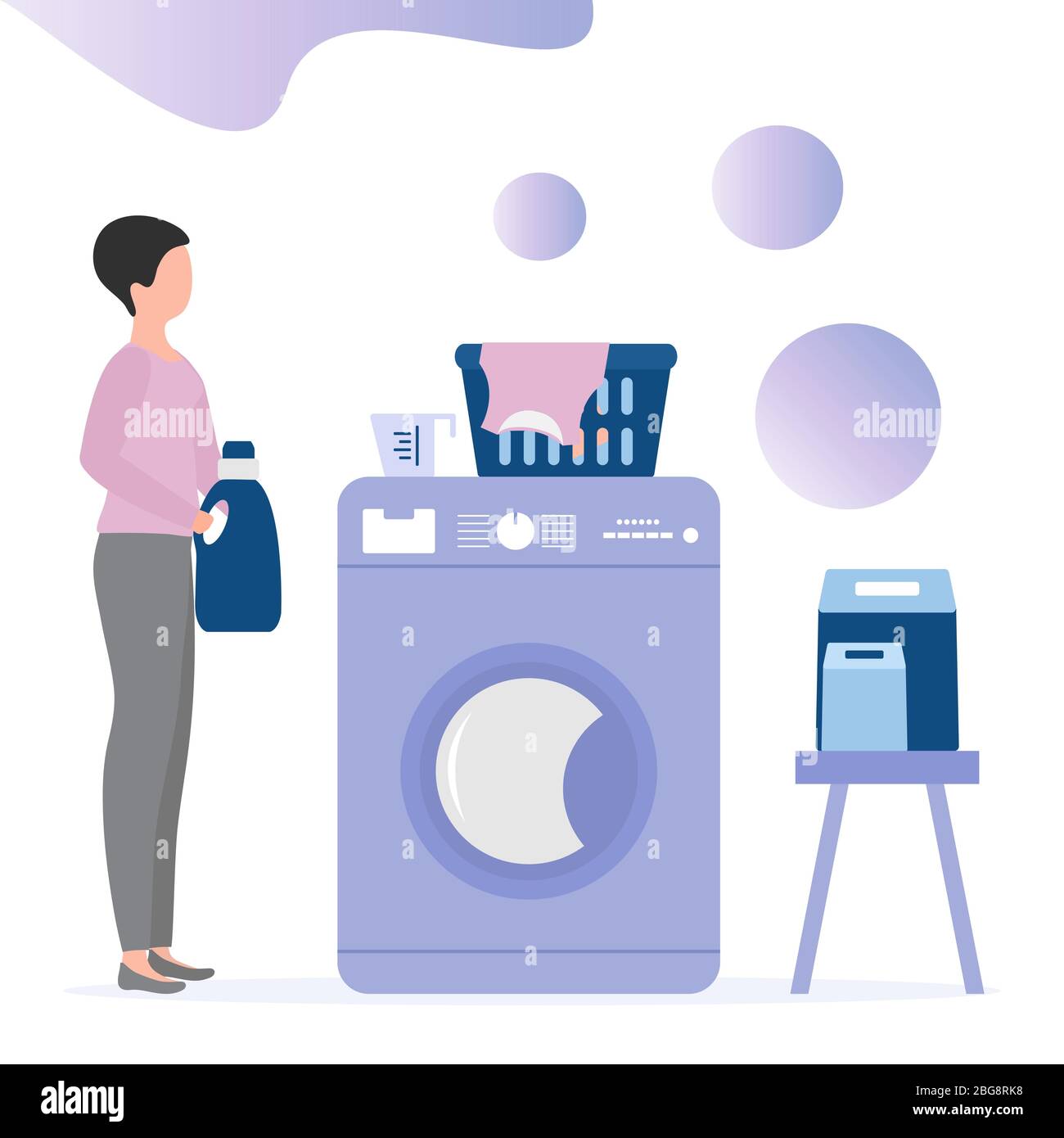 Vector illustration Woman carries wash dirty clothes Washing machine ...