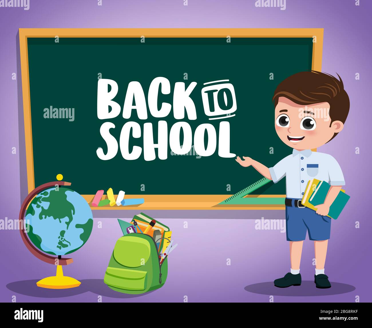 Back to school kid vector character design. Back to school text in chalkboard with boy pre-school, student character and educational elements. Stock Vector