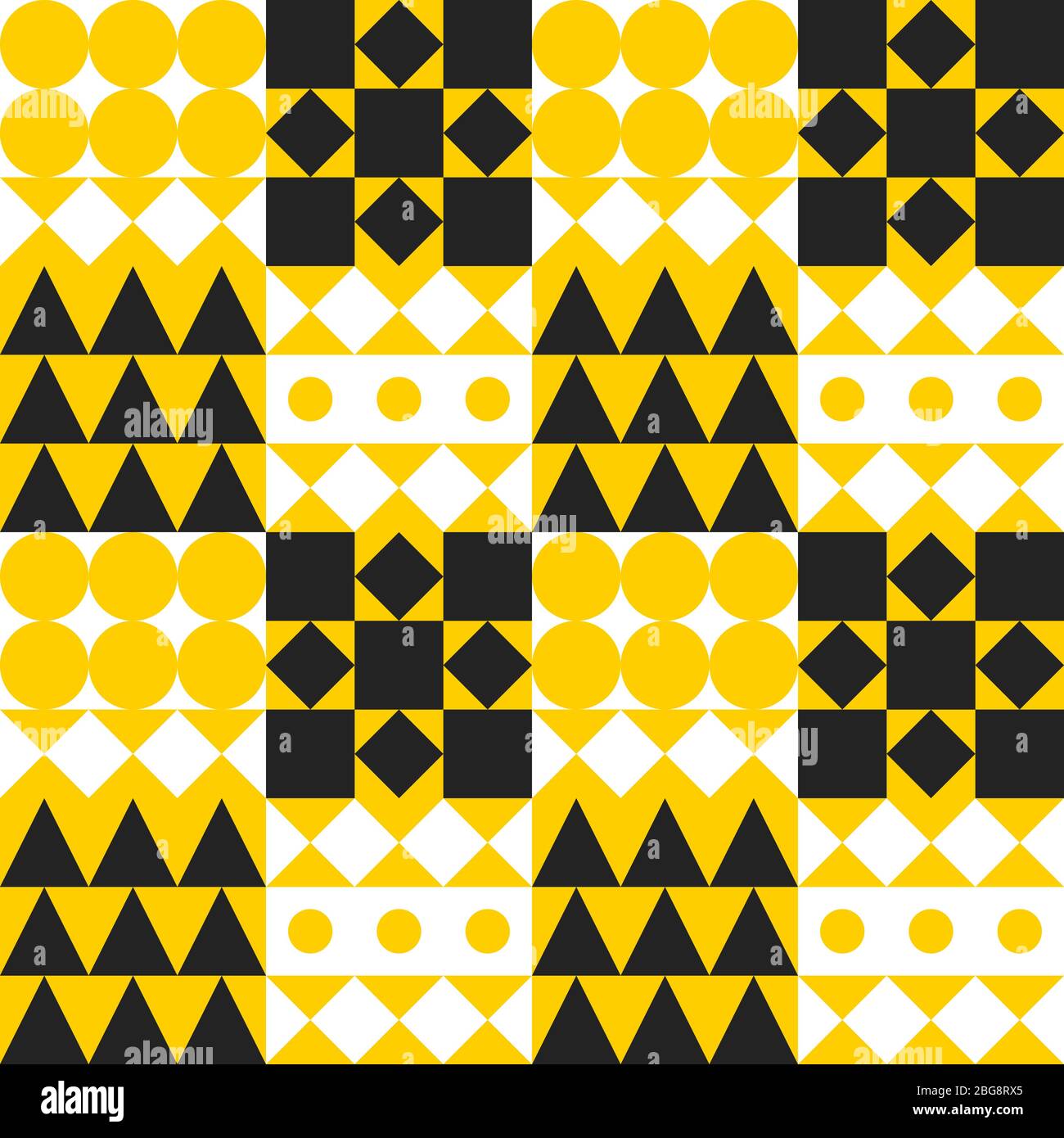 Geometric yellow tile background, bauhaus color seamless pattern with circles, squares and triangles, fashion modern print with different shapes, swiss design, vector abstract mosaic Stock Vector