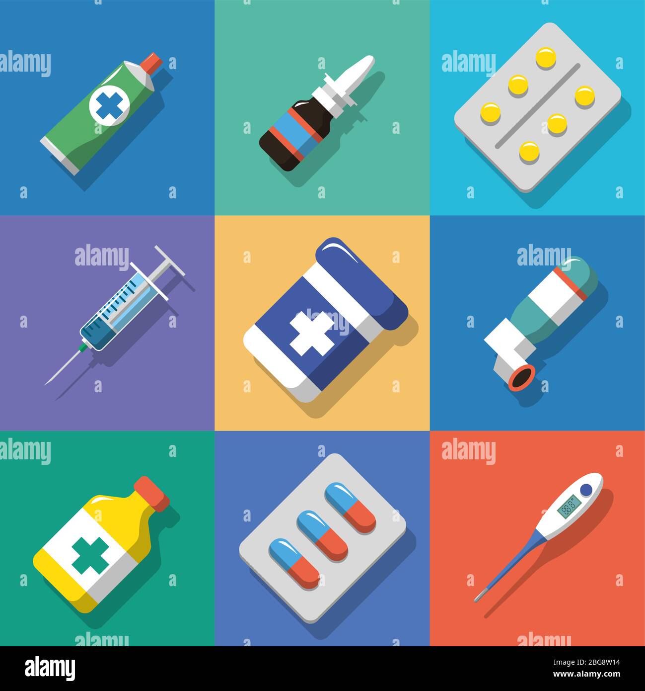 Multicolored background Medicine and drugs icons set with shadows. Flat style vector illustration Stock Vector