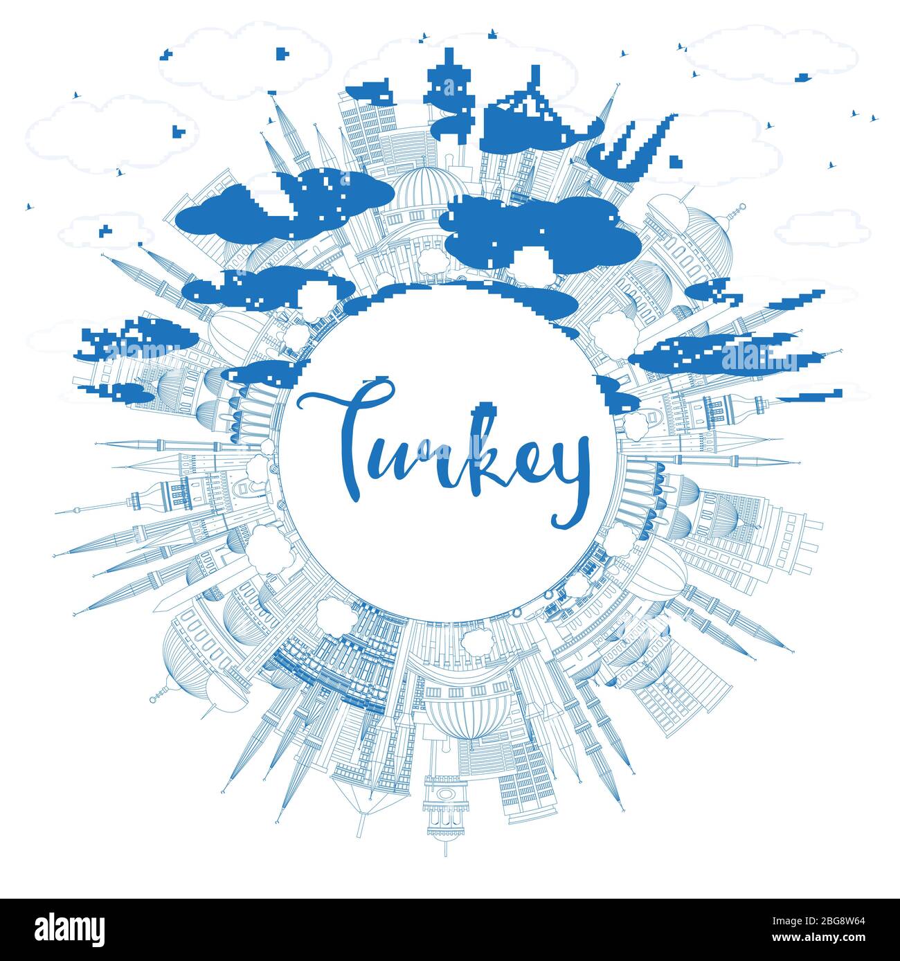 Outline Turkey City Skyline with Blue Buildings and Copy Space. Vector Illustration. Tourism Concept with Historic Architecture. Stock Vector