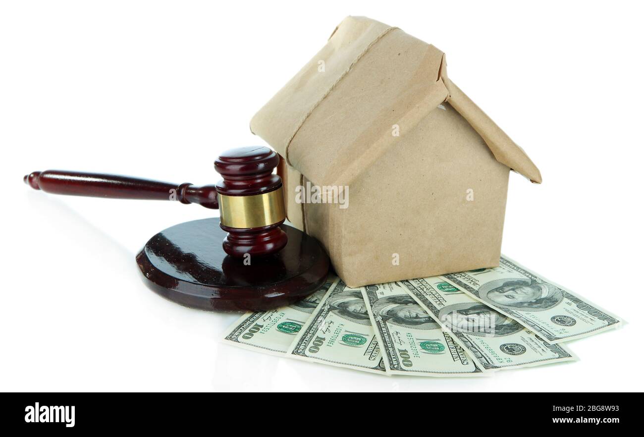 Gavel,model of house and money isolated on white Stock Photo