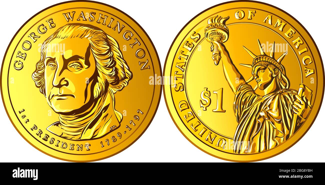 American money Presidential dollar coin, with first president of the United States George Washington on obverse and Statue of Liberty on reverse Stock Vector