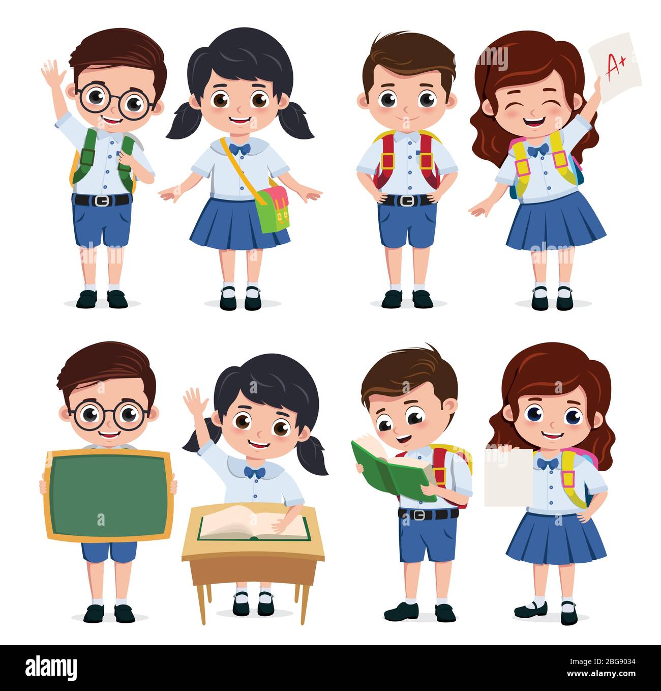 School classmate students character vector set. Back to school classmates kids elementary characters wearing uniform doing educational actives. Stock Vector
