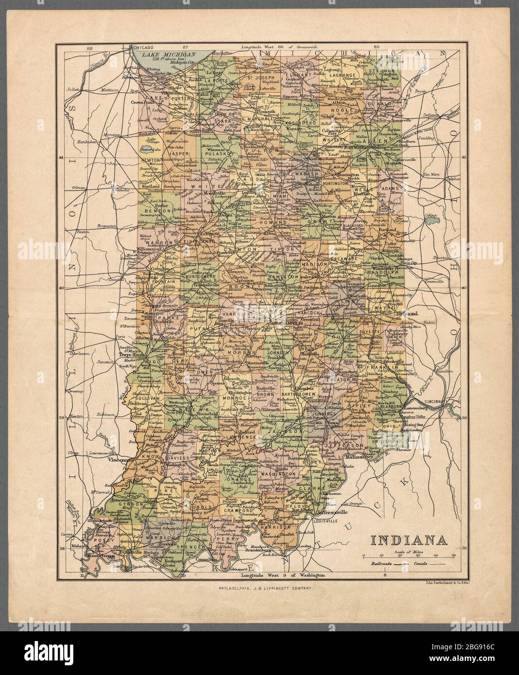 Indiana antique map showing counties, railroads, and canals, published circa, 1890, a digitally restored historic map. Note that many maps of this era gave longitude from Washington, DC, as well as Greenwich, probably in an effort to reduce British domination of cartography. Stock Photo