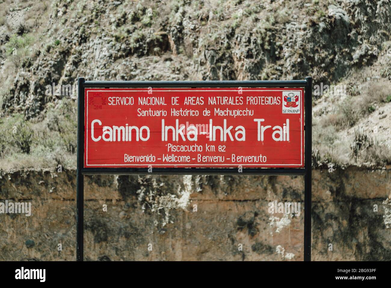 Sign at the entrance of Camino Inka / Inca trail in Andes mountain, Peru. Stock Photo